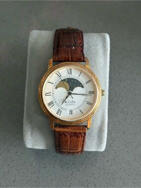 Accura Quartz Moonphase Watch - Brown Leather, Gold Tone